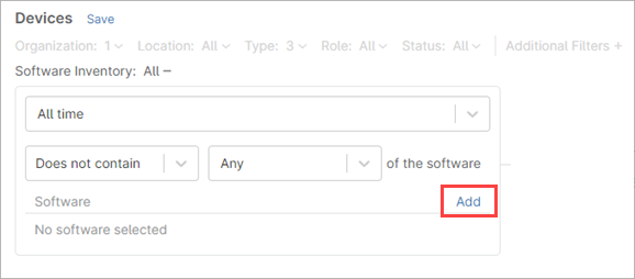Screenshot of the Software Inventory section on the Devices page in NinjaOne with Add highlighted 