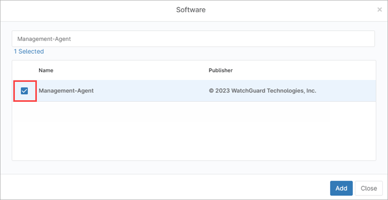 Screenshot of the Software dialog box with Management Agent highlighted in NinjaOne