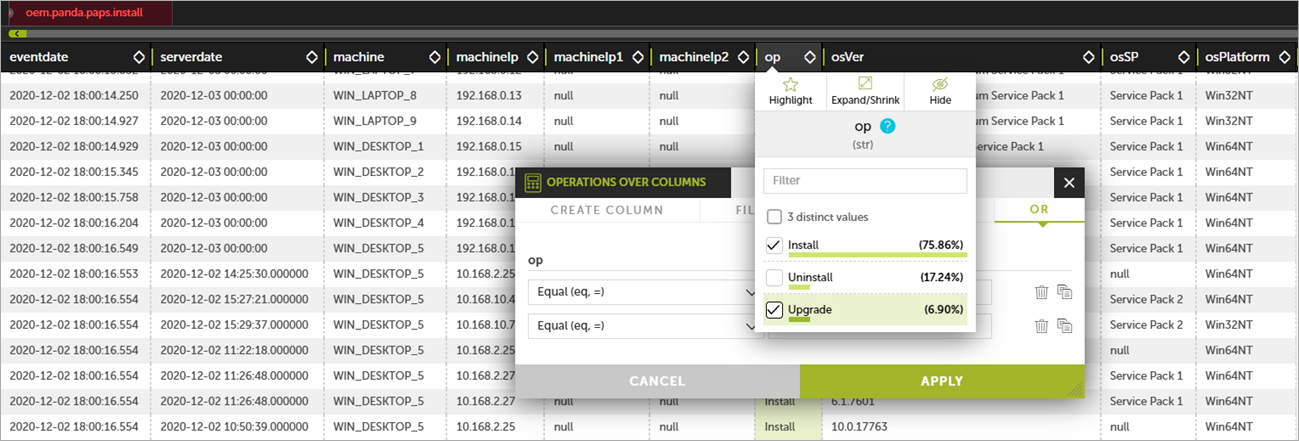 Screen shot of Advanced Visualization Tool data table column filter