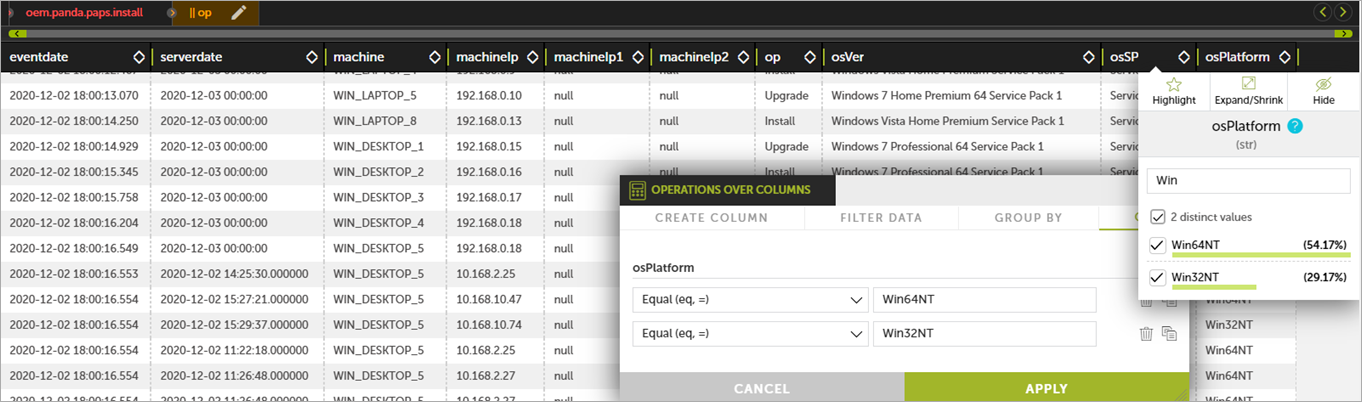 Screen shot of Advanced Visualization Tool data table, Operations Over Columns dialog box