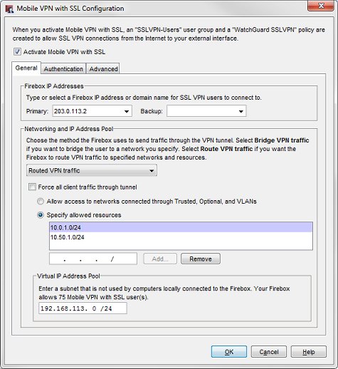 Capture d'écran de la boîte de dialogue Configuration de Mobile VPN with SSL