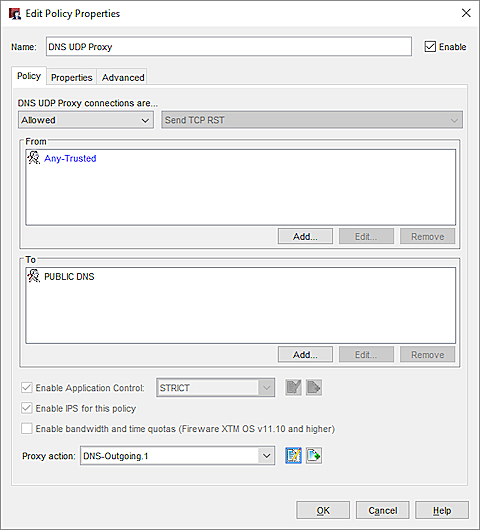 Capture d'écran de la page de propriétés de la stratégie de proxy DNS UDP