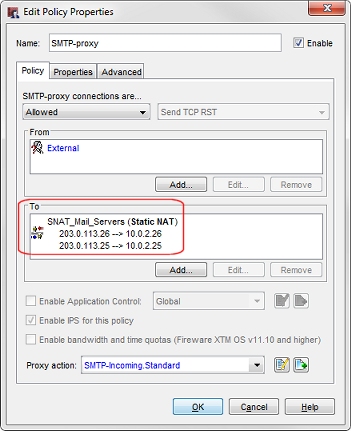 Capture d'écran de la boîte de dialogue Modifier les Propriétés de la Stratégie avec l'action SNAT dans la section A