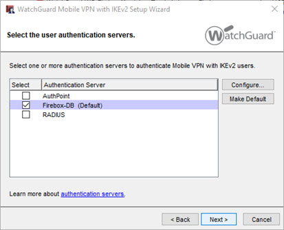Capture d'écran de la page paramètres du serveur d'authentification de l'assistant IKEv2 wizard