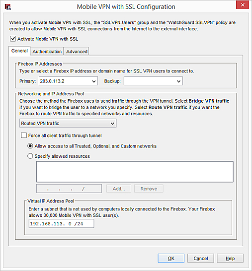 Capture d'écran de la boîte de dialogue Configuration de Mobile VPN with SSL