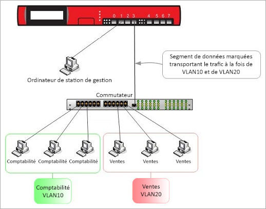 Cette rubrique comprend un diagramme descriptif de l'architecture VLAN. Le périphérique Firebox ou XTM est connecté à un commutateur unique, lui-même connecté à deux VLAN : VLAN10 pour la Comptabilité et VLAN20 pour les Ventes.