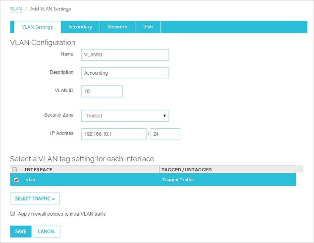 Capture d'écran de la boîte de dialogue VLAN avec configuration complète des paramètres du réseau VLAN10.
