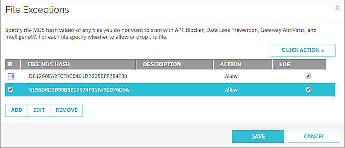 Capture d'écran de la page Exceptions de Fichiers après avoir sélectionné un fichier.