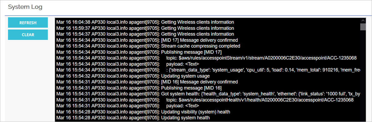 Screenshot of the Access Point Web UI - System Log page