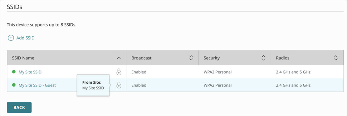 Screen shot of the SSID configuration with a lock icon and hover text