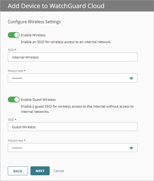 Screen shot of the wireless settings