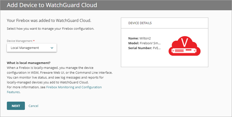 Screen shot of the Add Device page with the Local Management option selected