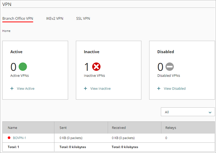 Screen shot of the VPN page with an inactive VPN