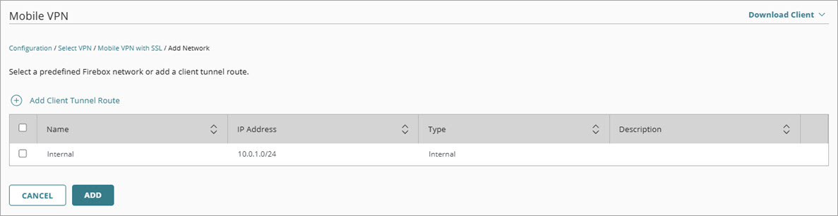 Screen shot of the Network settings in the Mobile VPN configuration