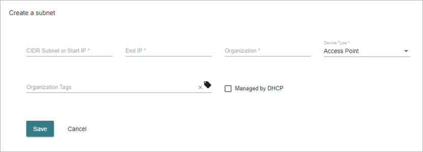 Screen shot of Manage Subnets page, ThreatSync+ NDR, Create a Subnet