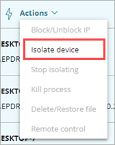 Screenshot of the Actions menu on the Endpoints page.