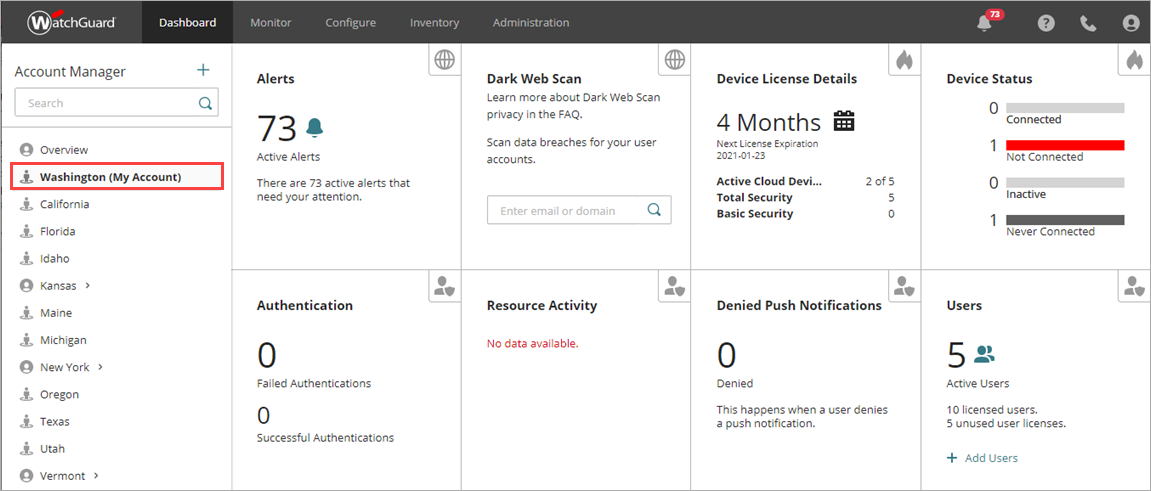 Screen shot of WatchGuard Cloud, Account Manager My Account