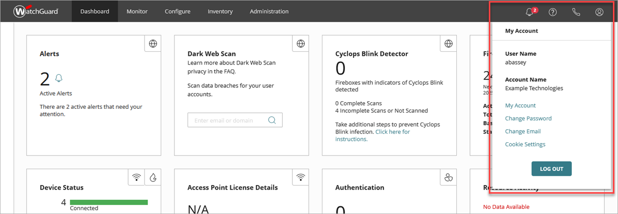 Screenshot of the account menu