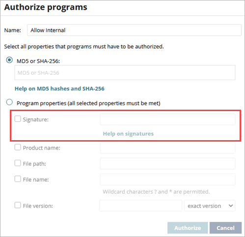 Screenshot of Authorize Programs, Signature text box