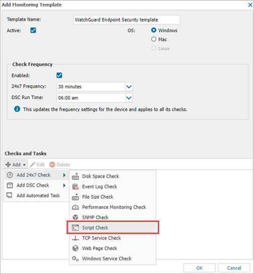 Screenshot of the Add Monitoring Template dialog box with Add > 24x7 Check > Script Check highlighted in N-sight