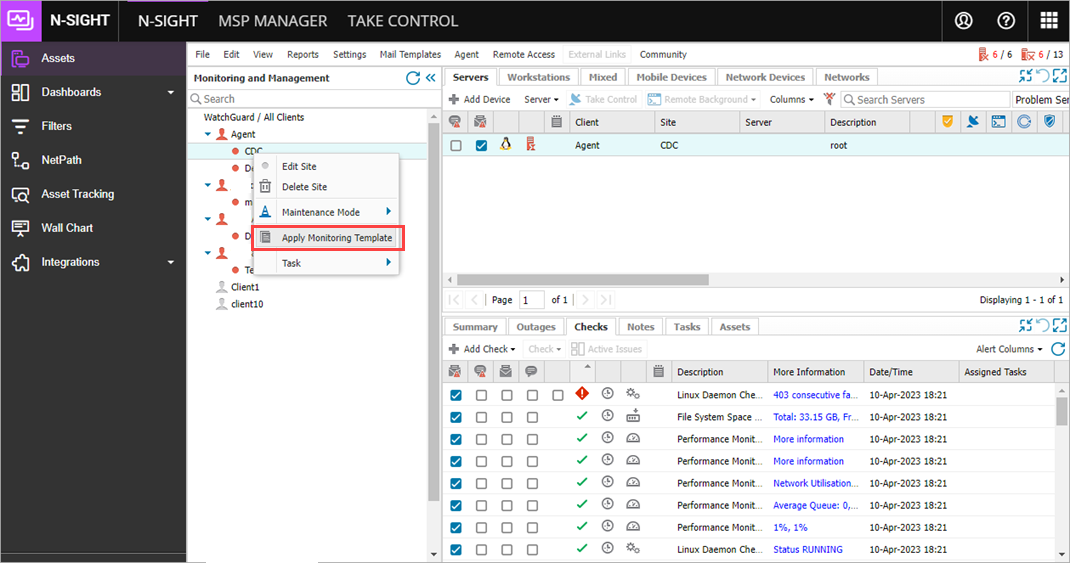 Screenshot of N-able with Add Monitoring Template highlighted in the Client List