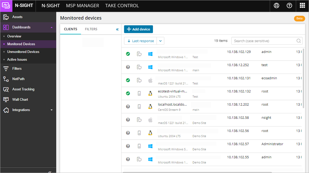 Screenshot of the Monitored Devices dashboard in N-able N-sight