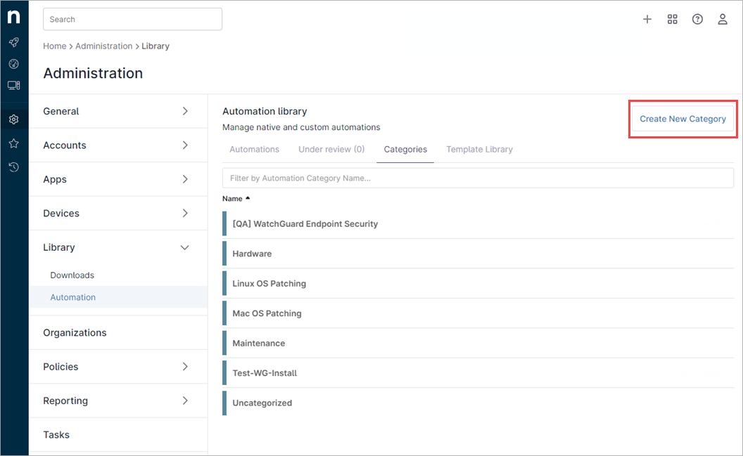 Screenshot of Automation Library page in NinjaOne with Create New Category highlighted