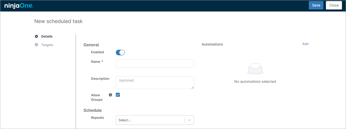Screenshot of New Scheduled Task page in NinjaOne