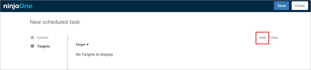 Screenshot of Add highlighted on the New Scheduled Task page in NinjaOne