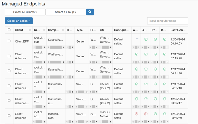 Screen shot of the Managed Endpoints page in the plug-in for Kaseya VSA