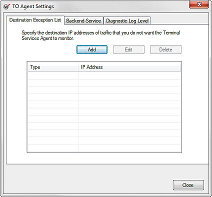 Capture d'écran de la liste des exceptions de destination de TO Agent Settings Tool
