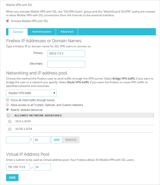 Capture d'écran de la page Mobile VPN with SSLVPN
