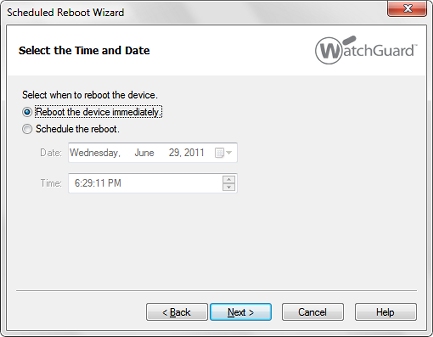 Capture d'écran de Scheduled Reboot Wizard, page Sélectionner l'heure et la date, option Redémarrer le périphérique immédiatement