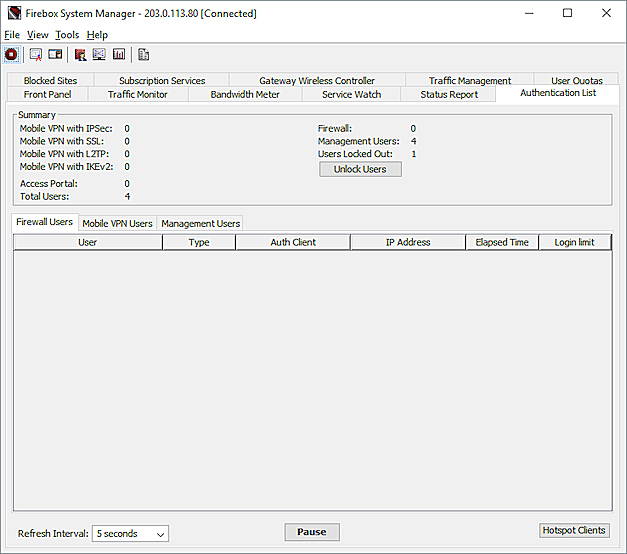 Screen shot of the FSM Authentication List > Firewall Users tab