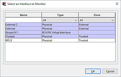 Screen shot of the interface selection dialog box