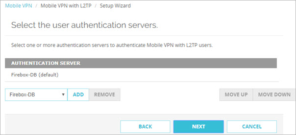 Capture d'écran de l'assistant Mobile VPN with L2TP Setup Wizard, page Authentification des utilisateurs.