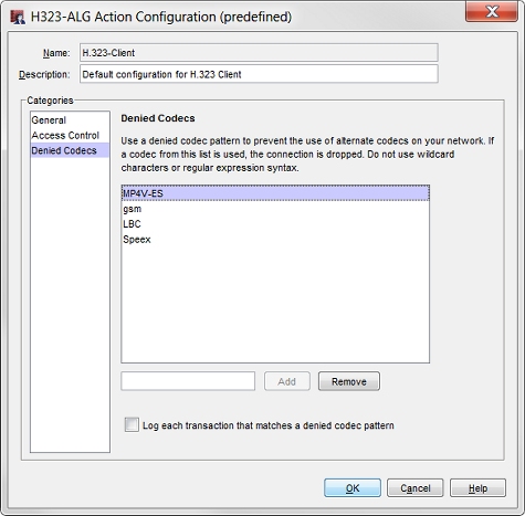 Capture d'écran de la boîte de dialogue Configuration de l'action H.323-ALG, page Codecs refusés