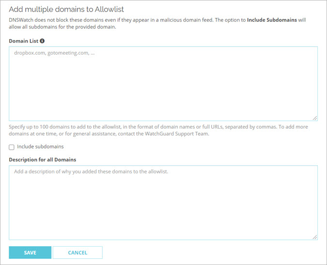 Screen shot of the Allowlist Multiple Domains page