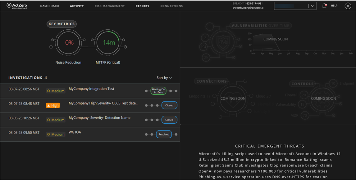Screen shot of the MDR portal Dashboard page
