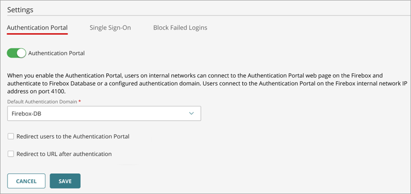 Screen shot of the Firebox Authentication Settings page