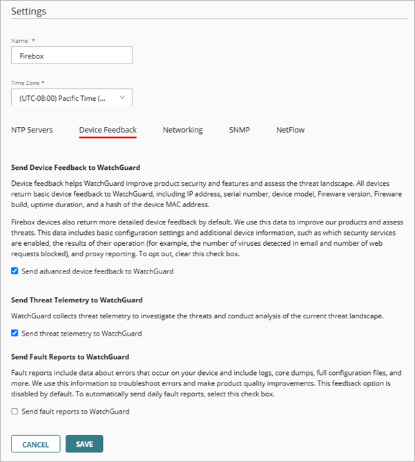 Screen shot of cloud-managed device configuration settings page, Device Feedback tab