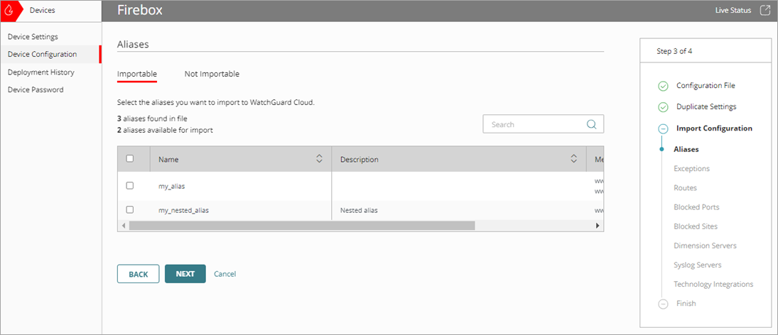 Screenshot of the Import Configuration wizard, Aliases page