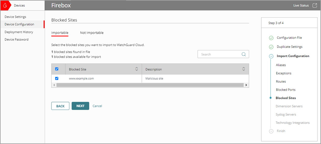 Screenshot of the Import Configuration wizard, Blocked Sites page