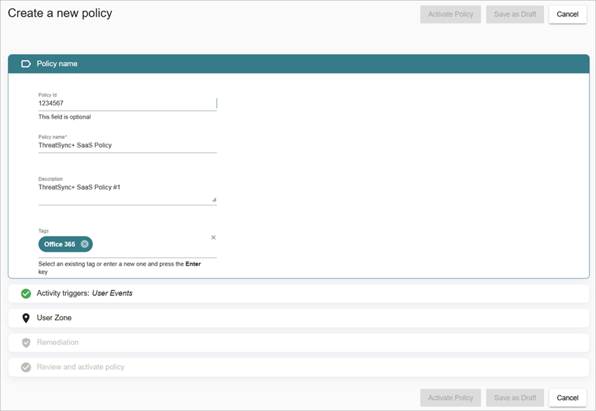 Screenshot of the Create a New Policy page for a ThreatSync+ SaaS policy