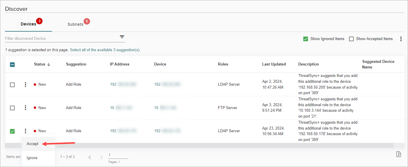 Screen shot of menu item to accept ignored devices in ThreatSync+ NDR