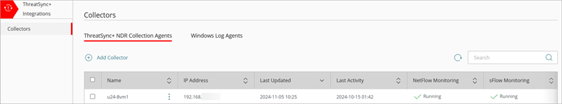 Screenshot of Configure > ThreatSync, ThreatSync+ NDR Collection Agents page
