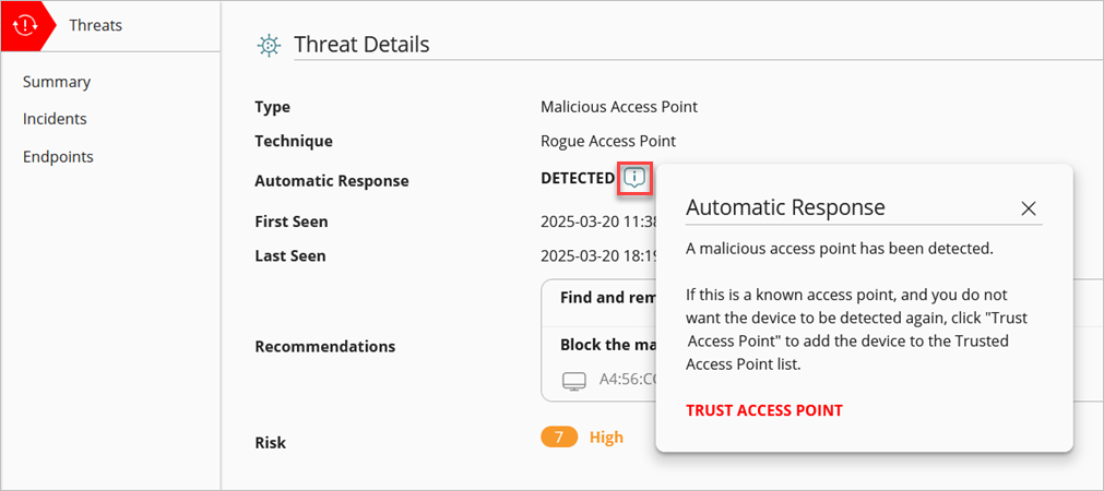 Screenshot of the Incident Details page for an incident with the Trust Access Point dialog box
