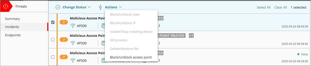 Screenshot of the Actions drop-down list in the Incidents page