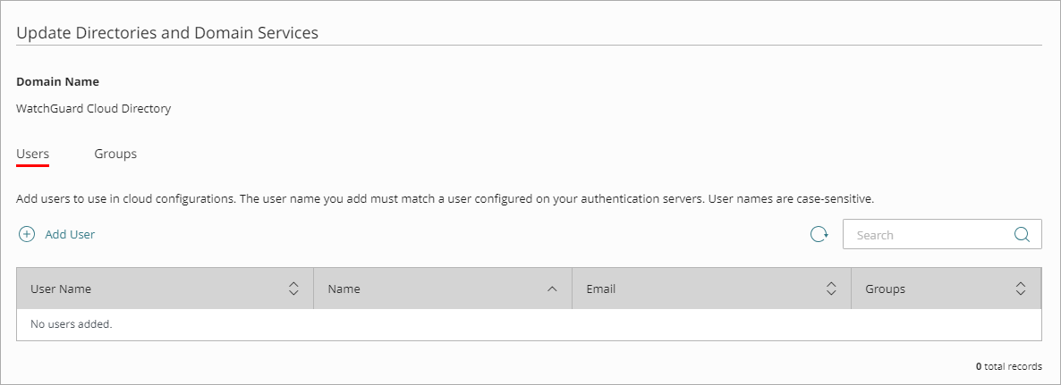 Screen shot of the Update Domain page, Users tab