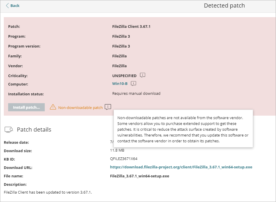 Screen shot of the Patch Detected page that shows the Download URL